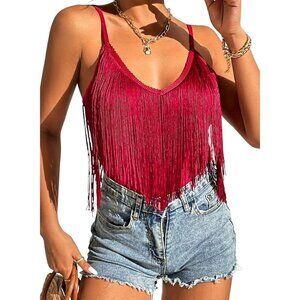 Women's Red Fringe Tank Top Western Festival Clothing Cowgirl V Neck Outfits